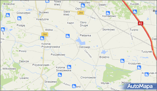 mapa Ostrowąs gmina Aleksandrów Kujawski, Ostrowąs gmina Aleksandrów Kujawski na mapie Targeo