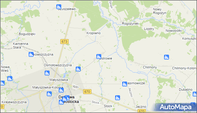 mapa Ostrowie gmina Dąbrowa Białostocka, Ostrowie gmina Dąbrowa Białostocka na mapie Targeo