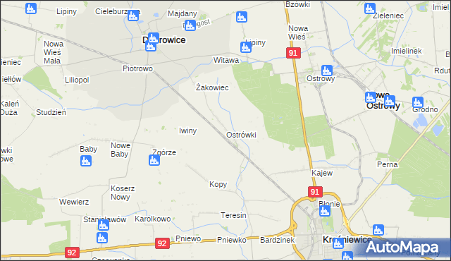 mapa Ostrówki gmina Dąbrowice, Ostrówki gmina Dąbrowice na mapie Targeo