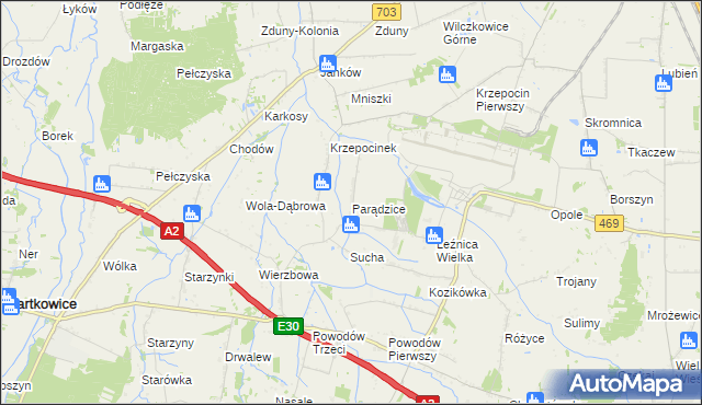 mapa Parądzice, Parądzice na mapie Targeo