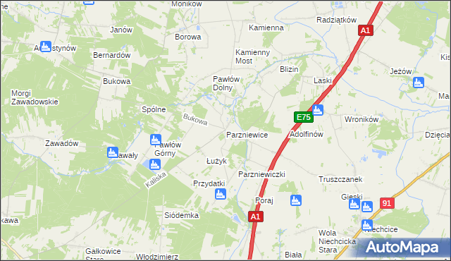 mapa Parzniewice, Parzniewice na mapie Targeo