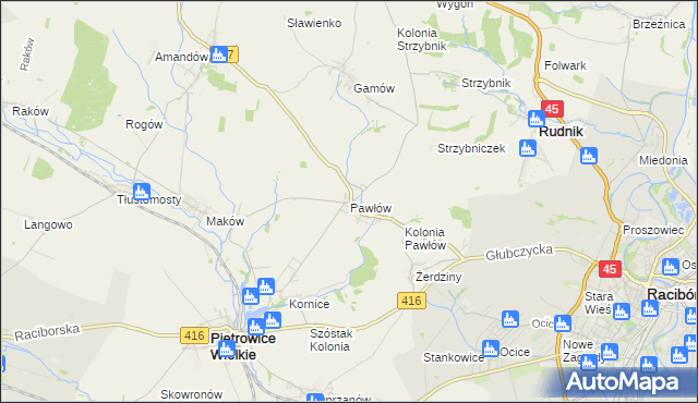 mapa Pawłów gmina Pietrowice Wielkie, Pawłów gmina Pietrowice Wielkie na mapie Targeo