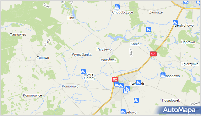 mapa Pawłówek gmina Lwówek, Pawłówek gmina Lwówek na mapie Targeo
