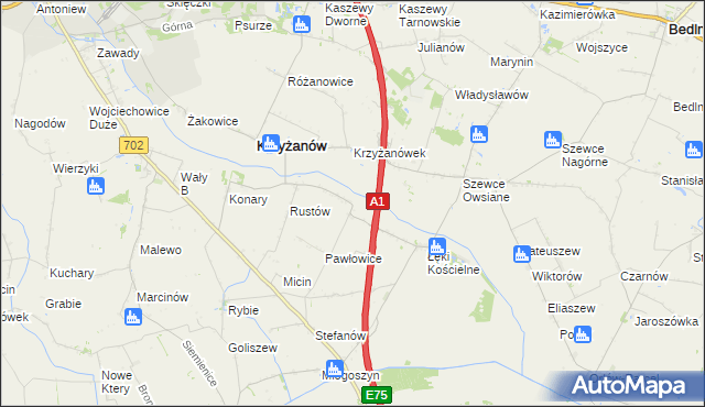 mapa Pawłowice gmina Krzyżanów, Pawłowice gmina Krzyżanów na mapie Targeo