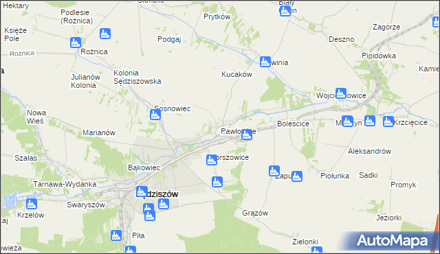 mapa Pawłowice gmina Sędziszów, Pawłowice gmina Sędziszów na mapie Targeo