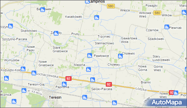 mapa Pawłowice gmina Teresin, Pawłowice gmina Teresin na mapie Targeo