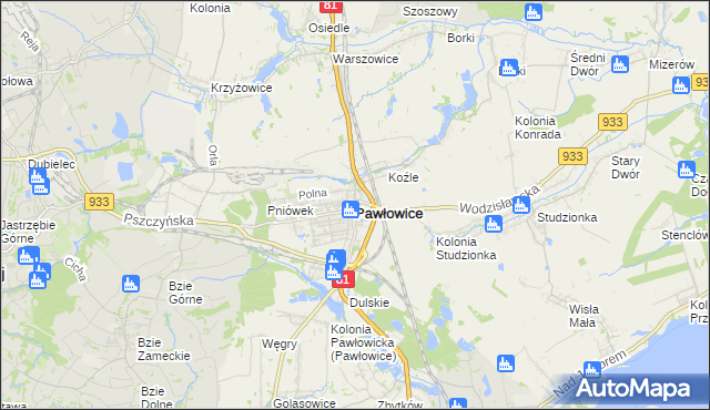 mapa Pawłowice powiat pszczyński, Pawłowice powiat pszczyński na mapie Targeo