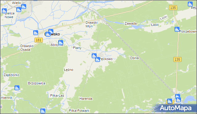 mapa Pęckowo gmina Drawsko, Pęckowo gmina Drawsko na mapie Targeo