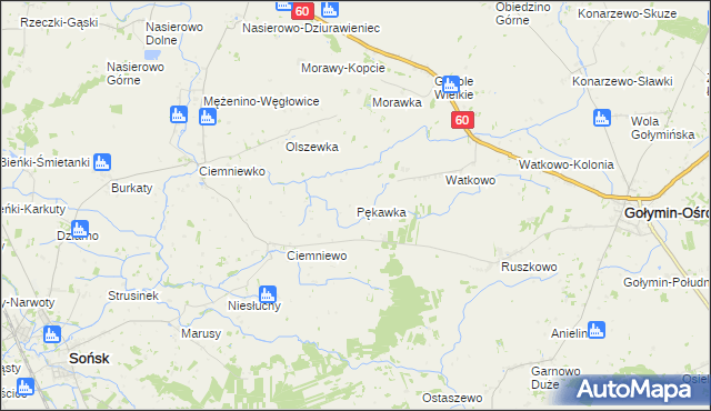 mapa Pękawka gmina Sońsk, Pękawka gmina Sońsk na mapie Targeo