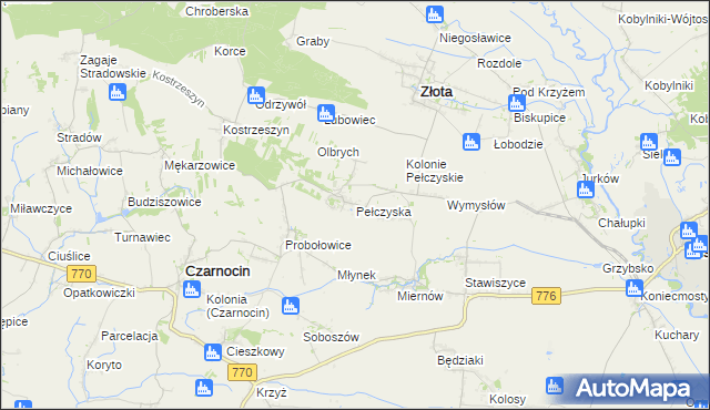 mapa Pełczyska gmina Złota, Pełczyska gmina Złota na mapie Targeo