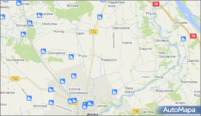 mapa Piaseczno gmina Warka, Piaseczno gmina Warka na mapie Targeo
