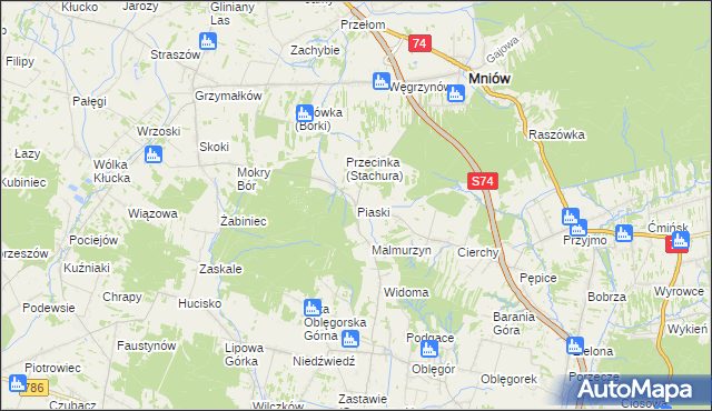 mapa Piaski gmina Mniów, Piaski gmina Mniów na mapie Targeo