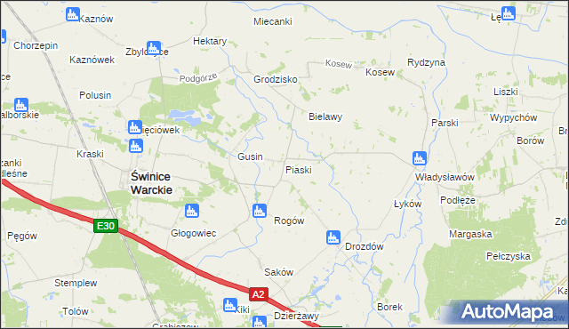 mapa Piaski gmina Świnice Warckie, Piaski gmina Świnice Warckie na mapie Targeo