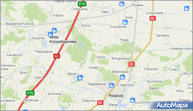 mapa Pieńki gmina Rozprza, Pieńki gmina Rozprza na mapie Targeo