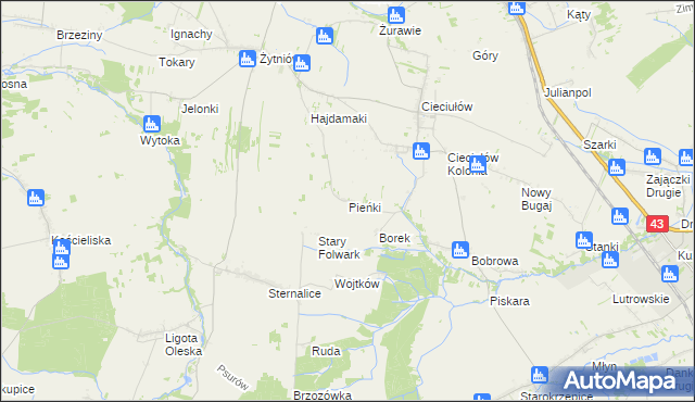 mapa Pieńki gmina Rudniki, Pieńki gmina Rudniki na mapie Targeo