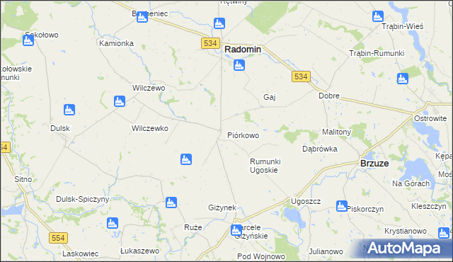 mapa Piórkowo gmina Radomin, Piórkowo gmina Radomin na mapie Targeo