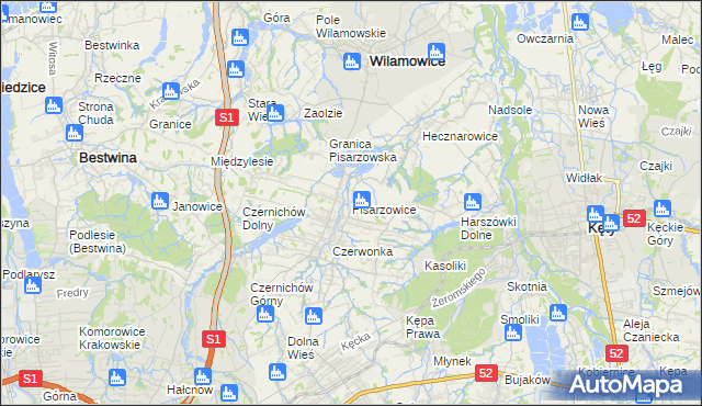 mapa Pisarzowice gmina Wilamowice, Pisarzowice gmina Wilamowice na mapie Targeo