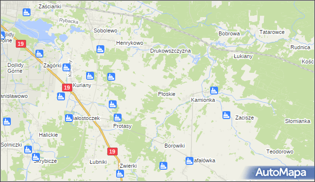 mapa Płoskie gmina Zabłudów, Płoskie gmina Zabłudów na mapie Targeo