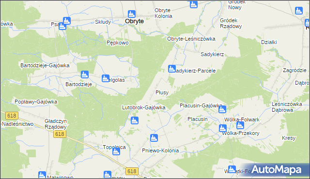 mapa Płusy gmina Obryte, Płusy gmina Obryte na mapie Targeo