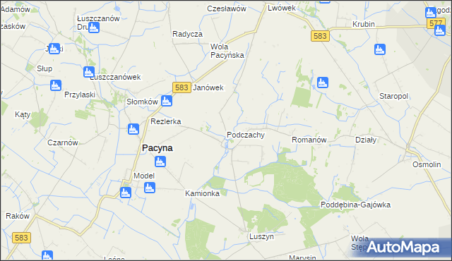 mapa Podczachy gmina Pacyna, Podczachy gmina Pacyna na mapie Targeo