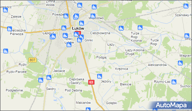 mapa Podgaj gmina Łuków, Podgaj gmina Łuków na mapie Targeo