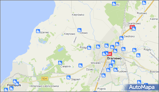 mapa Podgórze gmina Braniewo, Podgórze gmina Braniewo na mapie Targeo