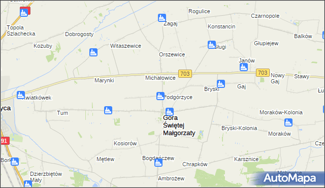 mapa Podgórzyce gmina Góra Świętej Małgorzaty, Podgórzyce gmina Góra Świętej Małgorzaty na mapie Targeo