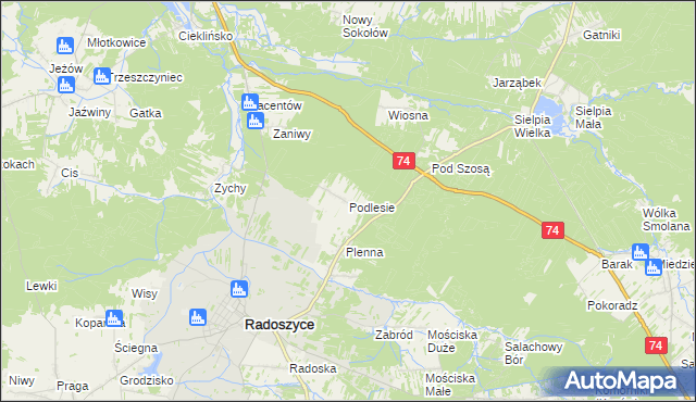 mapa Podlesie gmina Radoszyce, Podlesie gmina Radoszyce na mapie Targeo