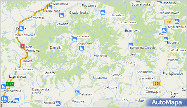 mapa Podszkle gmina Czarny Dunajec, Podszkle gmina Czarny Dunajec na mapie Targeo