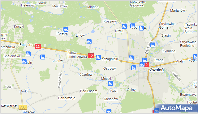 mapa Podzagajnik gmina Zwoleń, Podzagajnik gmina Zwoleń na mapie Targeo