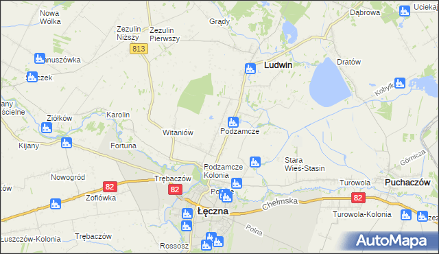 mapa Podzamcze gmina Łęczna, Podzamcze gmina Łęczna na mapie Targeo