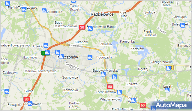 mapa Pogorzałki gmina Mszczonów, Pogorzałki gmina Mszczonów na mapie Targeo