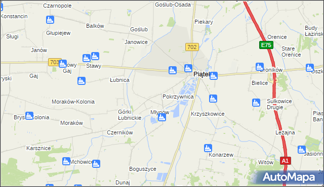 mapa Pokrzywnica gmina Piątek, Pokrzywnica gmina Piątek na mapie Targeo