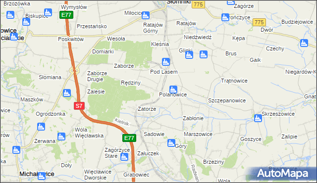 mapa Polanowice gmina Słomniki, Polanowice gmina Słomniki na mapie Targeo
