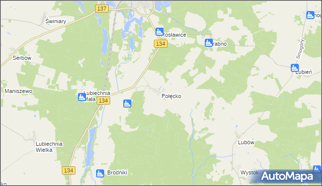 mapa Połęcko gmina Ośno Lubuskie, Połęcko gmina Ośno Lubuskie na mapie Targeo