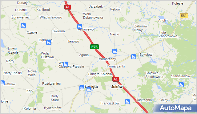 mapa Pomarzany gmina Łanięta, Pomarzany gmina Łanięta na mapie Targeo