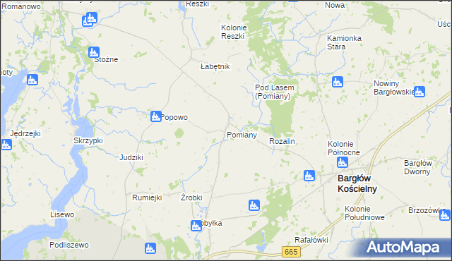 mapa Pomiany gmina Bargłów Kościelny, Pomiany gmina Bargłów Kościelny na mapie Targeo