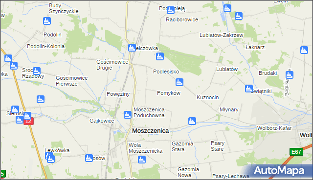 mapa Pomyków gmina Moszczenica, Pomyków gmina Moszczenica na mapie Targeo