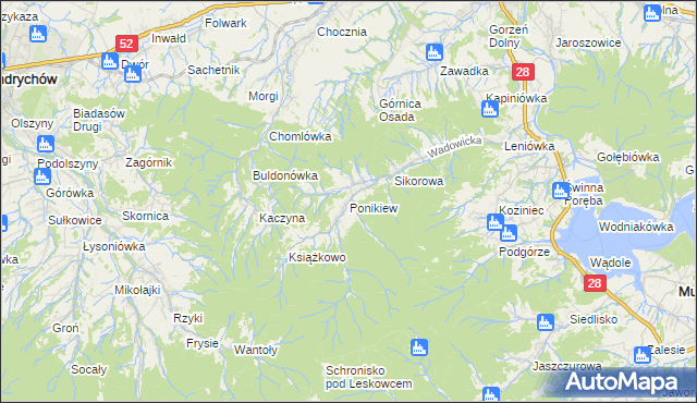 mapa Ponikiew gmina Wadowice, Ponikiew gmina Wadowice na mapie Targeo