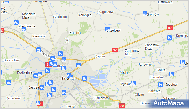 mapa Popów gmina Łowicz, Popów gmina Łowicz na mapie Targeo
