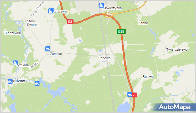 mapa Popowo gmina Bledzew, Popowo gmina Bledzew na mapie Targeo