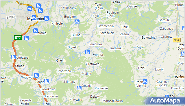 mapa Poręba gmina Myślenice, Poręba gmina Myślenice na mapie Targeo