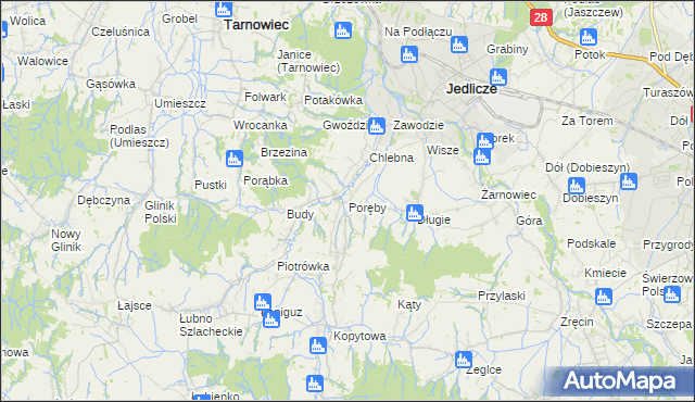 mapa Poręby gmina Jedlicze, Poręby gmina Jedlicze na mapie Targeo
