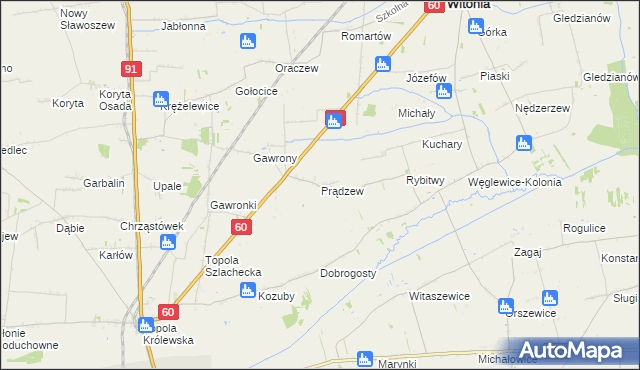mapa Prądzew gmina Łęczyca, Prądzew gmina Łęczyca na mapie Targeo