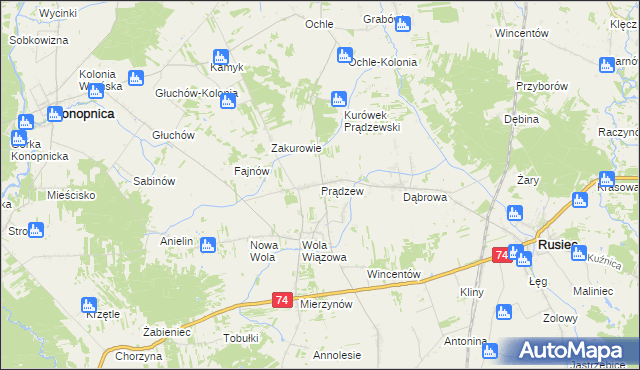 mapa Prądzew gmina Rusiec, Prądzew gmina Rusiec na mapie Targeo