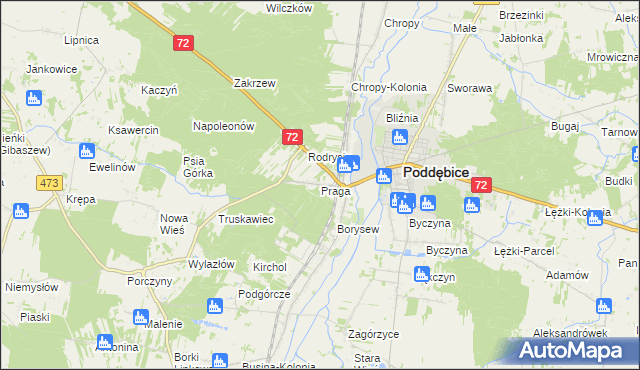 mapa Praga gmina Poddębice, Praga gmina Poddębice na mapie Targeo