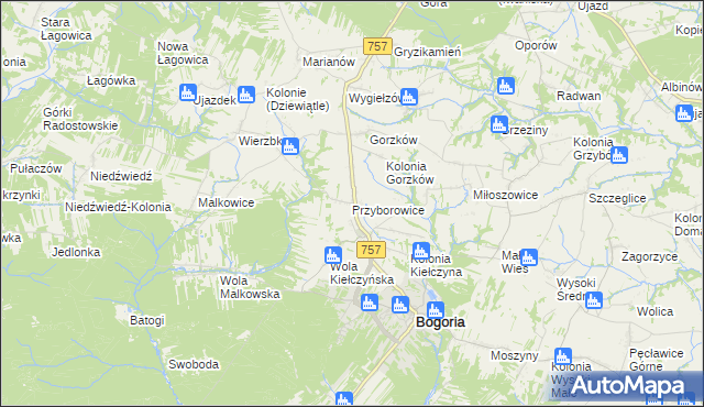 mapa Przyborowice gmina Bogoria, Przyborowice gmina Bogoria na mapie Targeo
