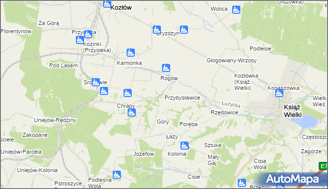 mapa Przybysławice gmina Kozłów, Przybysławice gmina Kozłów na mapie Targeo