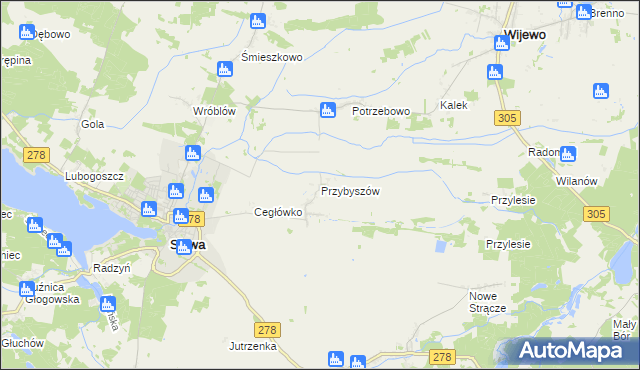 mapa Przybyszów gmina Sława, Przybyszów gmina Sława na mapie Targeo