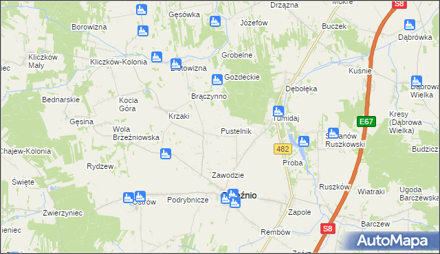 mapa Pustelnik gmina Brzeźnio, Pustelnik gmina Brzeźnio na mapie Targeo